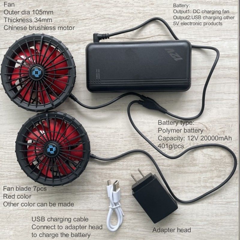 Air Conditioned Jacket Cooling Fan Battery 12v 20000mAh High Speed 10H Working Time