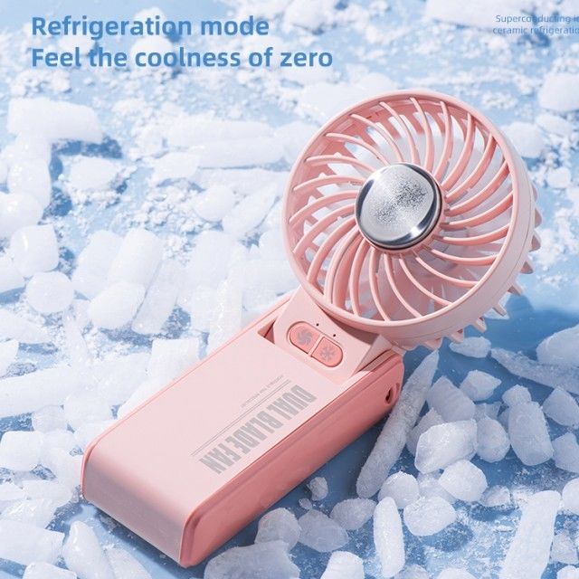 Personalized Mini Double Fan Blade Double Motor 180 Degree Foldable HandHeld Fan with Super conducting ice porcelain refrigeration